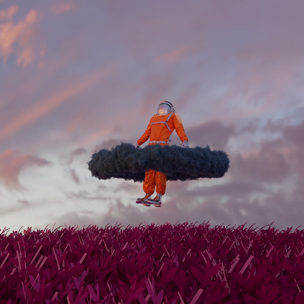 Astronaut stuck in clouds two feet above the ground