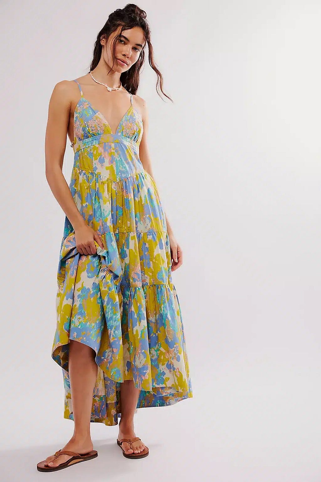 Model wearing a multi-colored, floral, maxi length sundress.