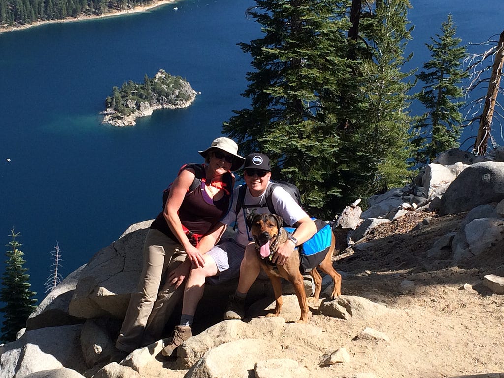 Family portrait atop Maggies Peaks overlooking Fannette island in Emerald Bay. Gunther wearing his doggie backpack.