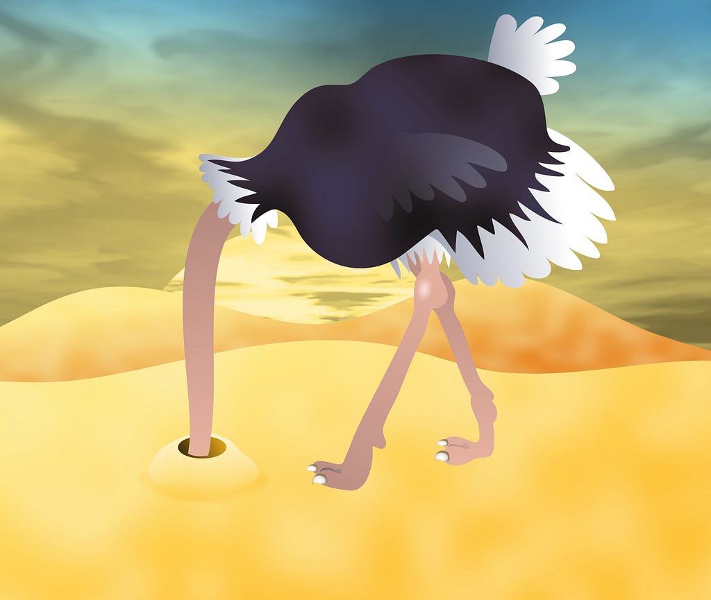 A cartoon ostrich with its head in the sand
