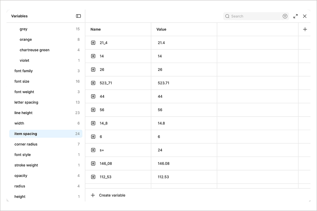 AI generated Figma variants from the vibe-coded interface reveal inconsistent spacing values, with arbitrary decimals replacing a coherent design scale.