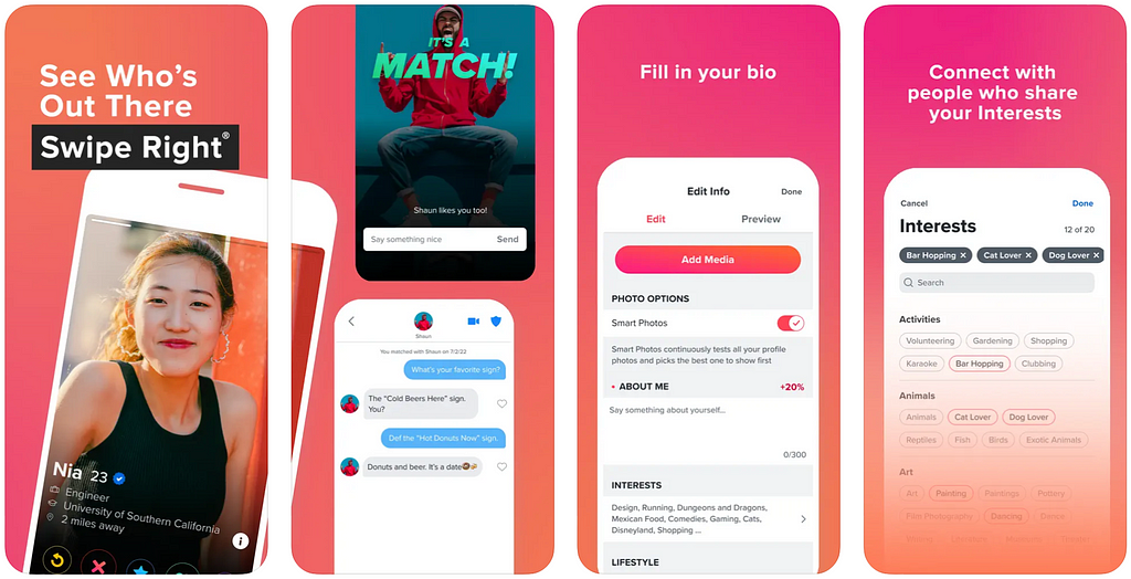 Section image: AppStore preview screenshots for Tinder