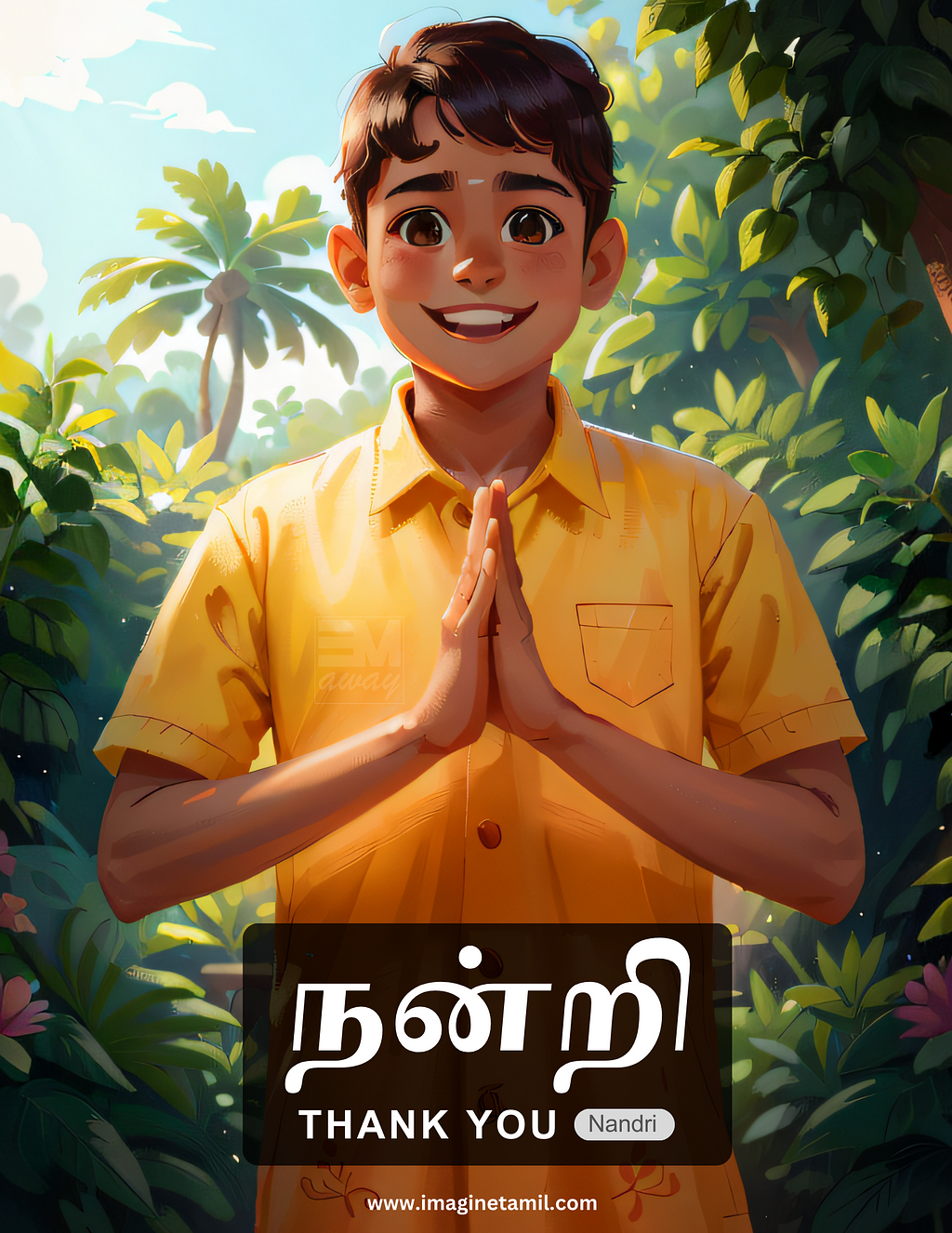 An illustration of a Tamil boy saying vanakkam (welcome) with hands together
