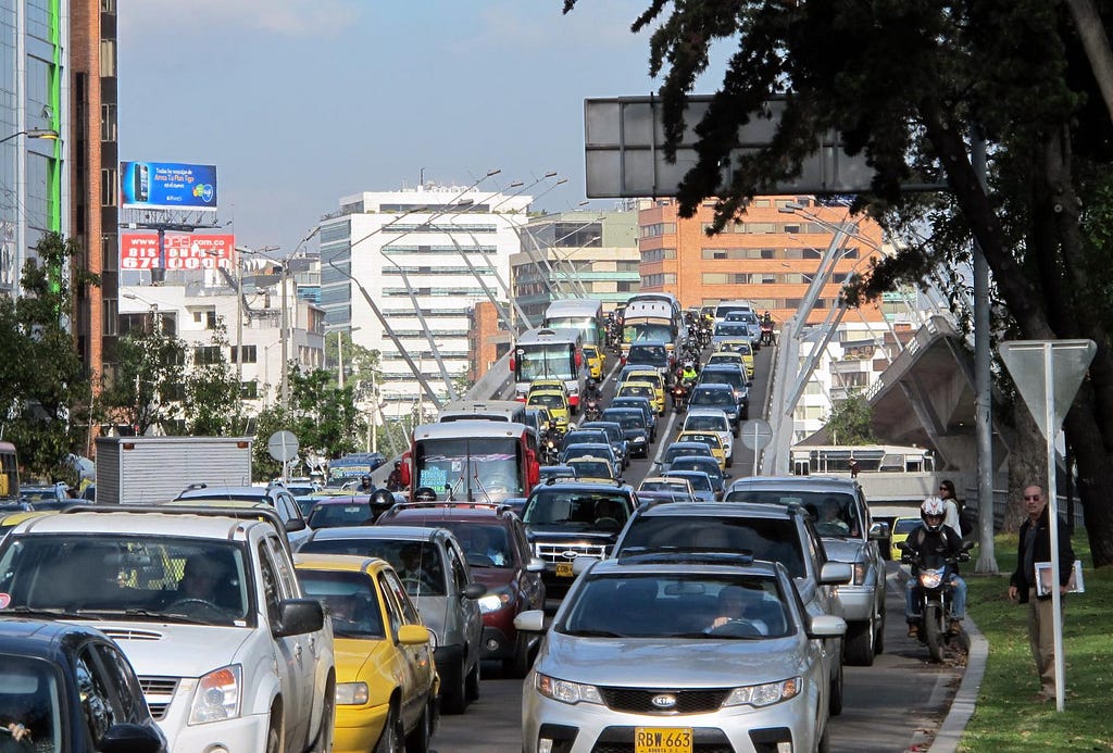 Heavy car traffic on a road in Bogotá, Colombia