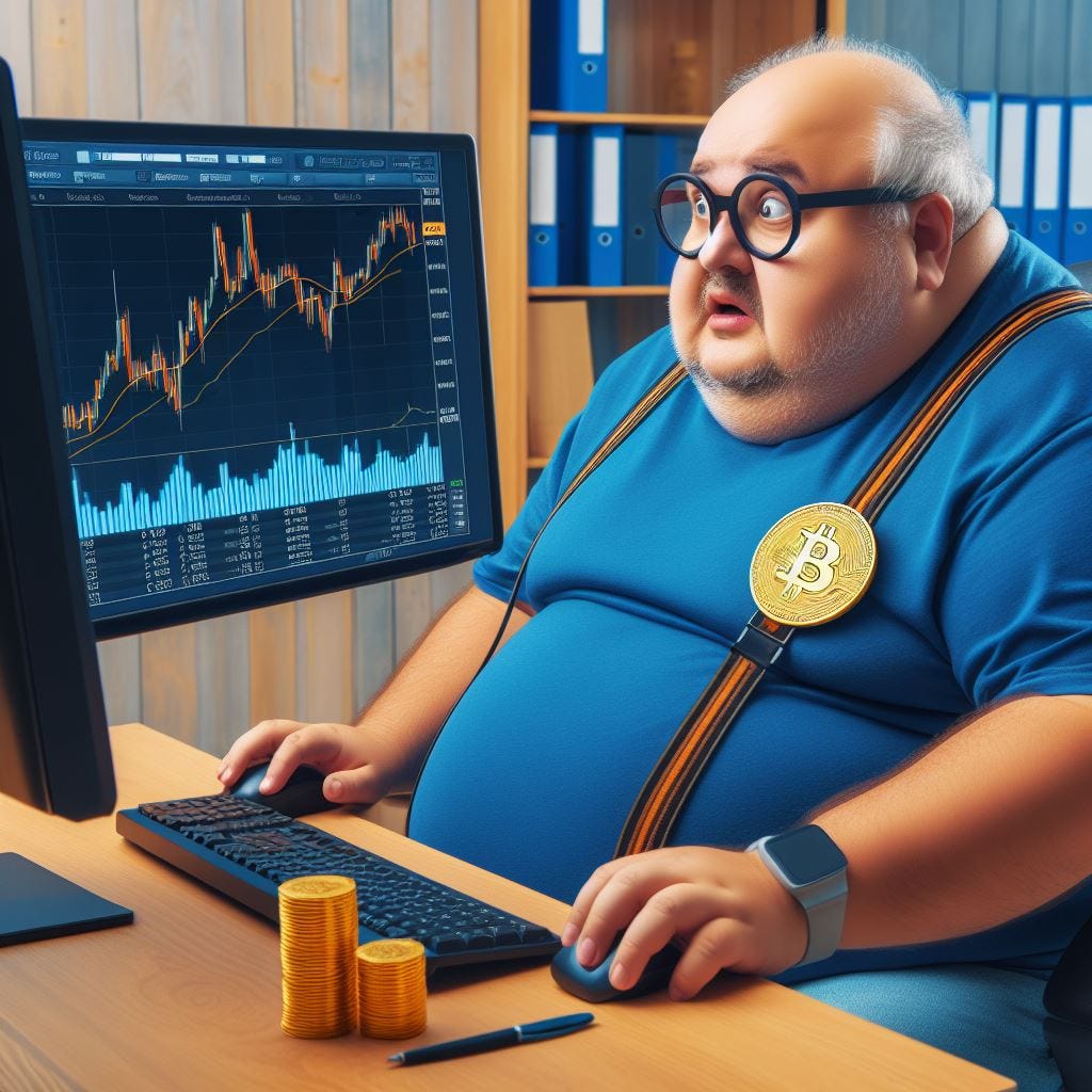 An obese man sitting at his computer watching cryptocurrency charts