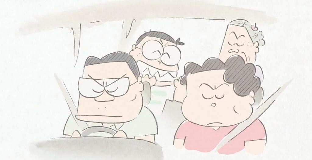 the family looking angry at each other in the car