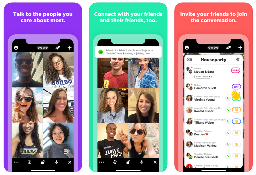 3 screenshots from Houseparty on the iOS App Store including a video call screen and a list of groups/friends to call.