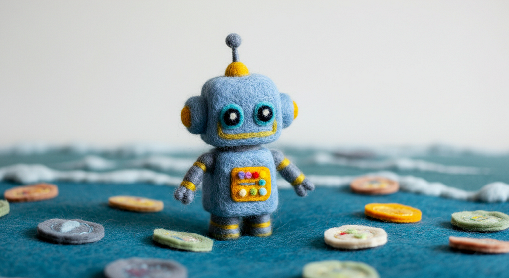 A felt toy robot counting tokens