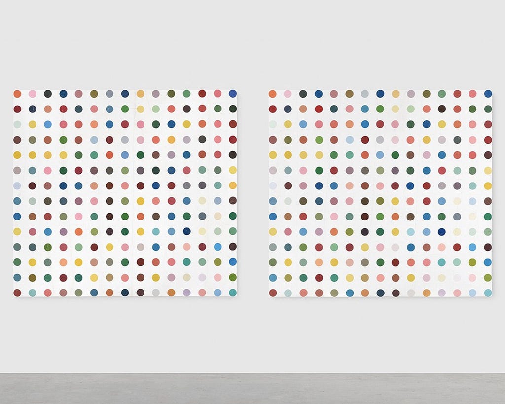 Two matching portrait, rectangluar paintings, both with a white background and with hundreds of colour cirlces painted in a perfect grid composition.