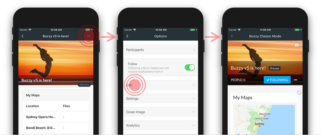 Screenshots showing a Buzz being toggled to edit mode