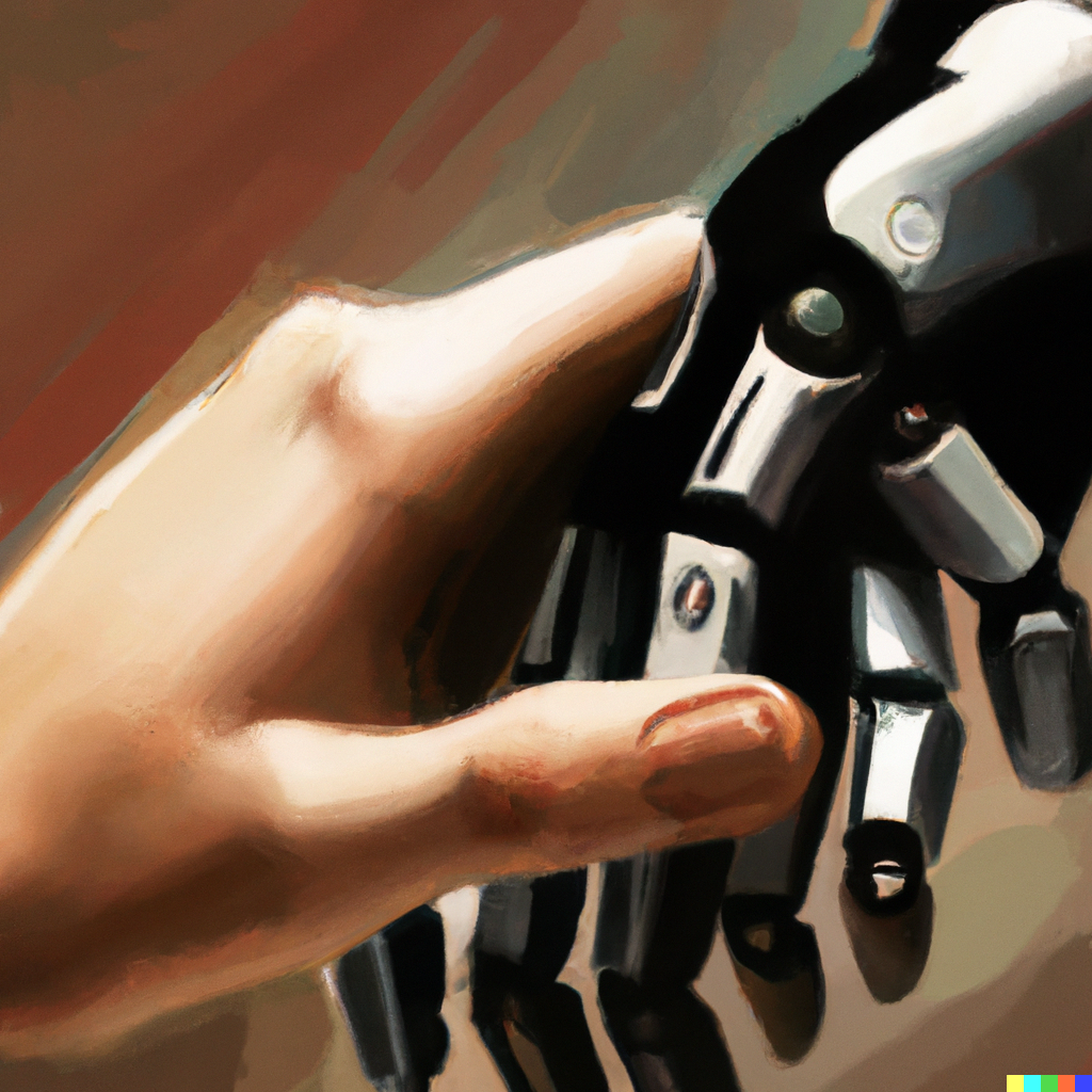 A human hand holding a robot hand.