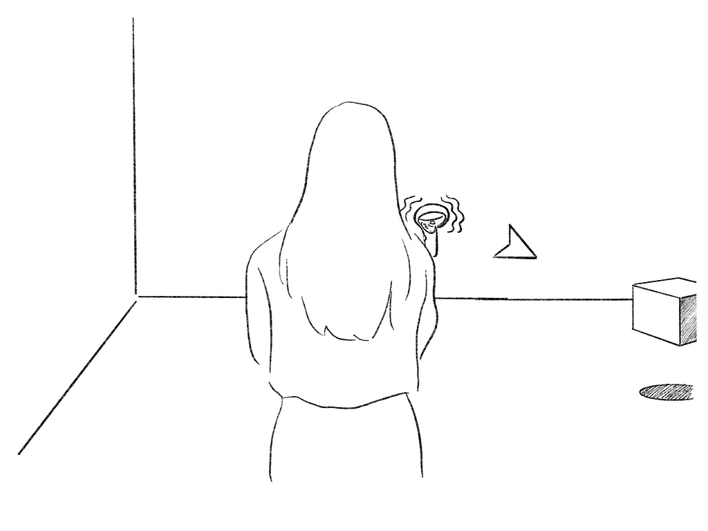 Sketch of a woman using a VR controller. She is using a VR controller with haptics and an arrow is directing her to a box that she can interact with