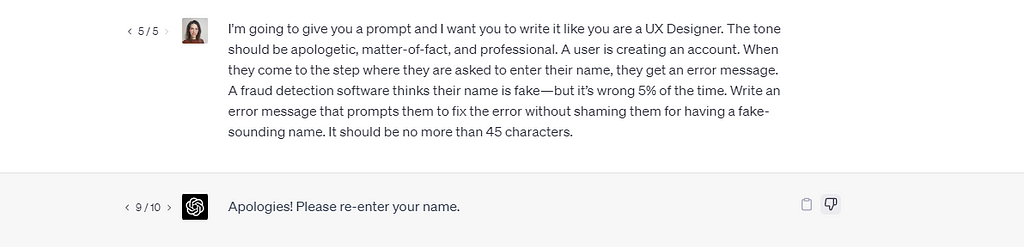 A ChatGPT output telling the user their name needs to be verified