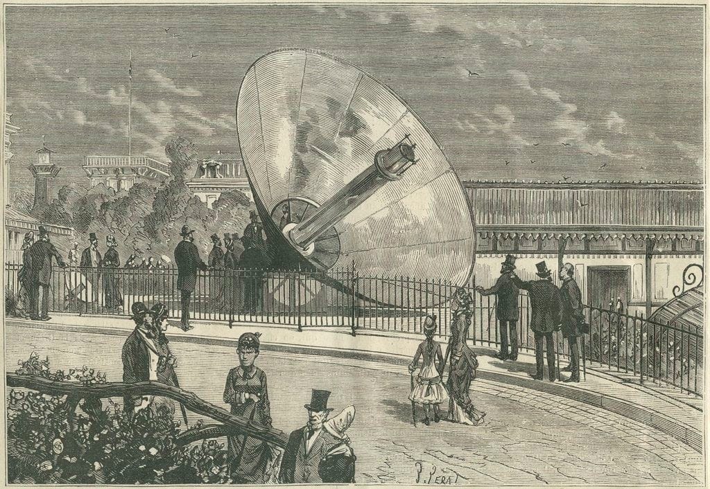 The first parabolic solar collector on display at the 1878 Paris World Expo.