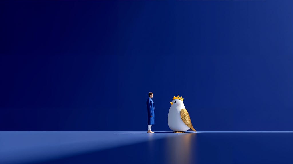 A person in a blue coat standing face-to-face with a large white bird wearing a golden crown, both figures on a reflective surface against a deep blue background, rendered in a minimalist 3D style