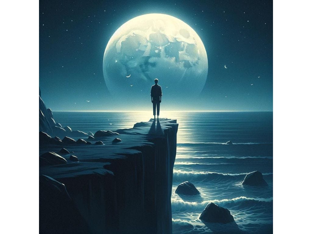 A solitary figure reflects under a waning moon, symbolizing the introspective journey towards finding a moon phase soulmate.
