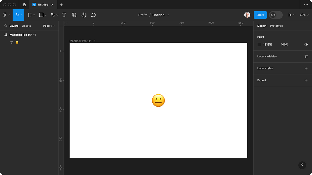 An empty frame in Figma only containing a neutral face emoji.