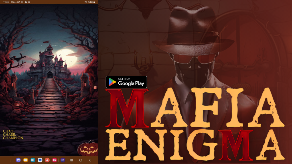 A dark and eerie path leading to a castle, representing the mysterious and engaging world of Mafia Enigma with the tagline ‘Chat, Chase, Champion’.