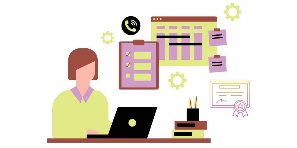 Illustration of a person managing on his desk his administrative tasks on his laptop. One can see around him a schedule, a diploma and a list of tasks. This illustrates the management of administrative tasks in the education system.