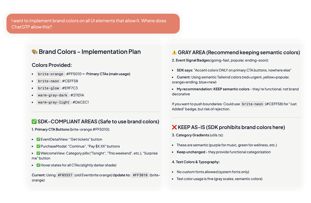 Slide showing a question about implementing brand colors in ChatGPT UI, alongside two panels outlining a “Brand Colors — Implementation Plan,” with color tokens, SDK-compliant areas, gray areas, and sections marked “keep as-is.”