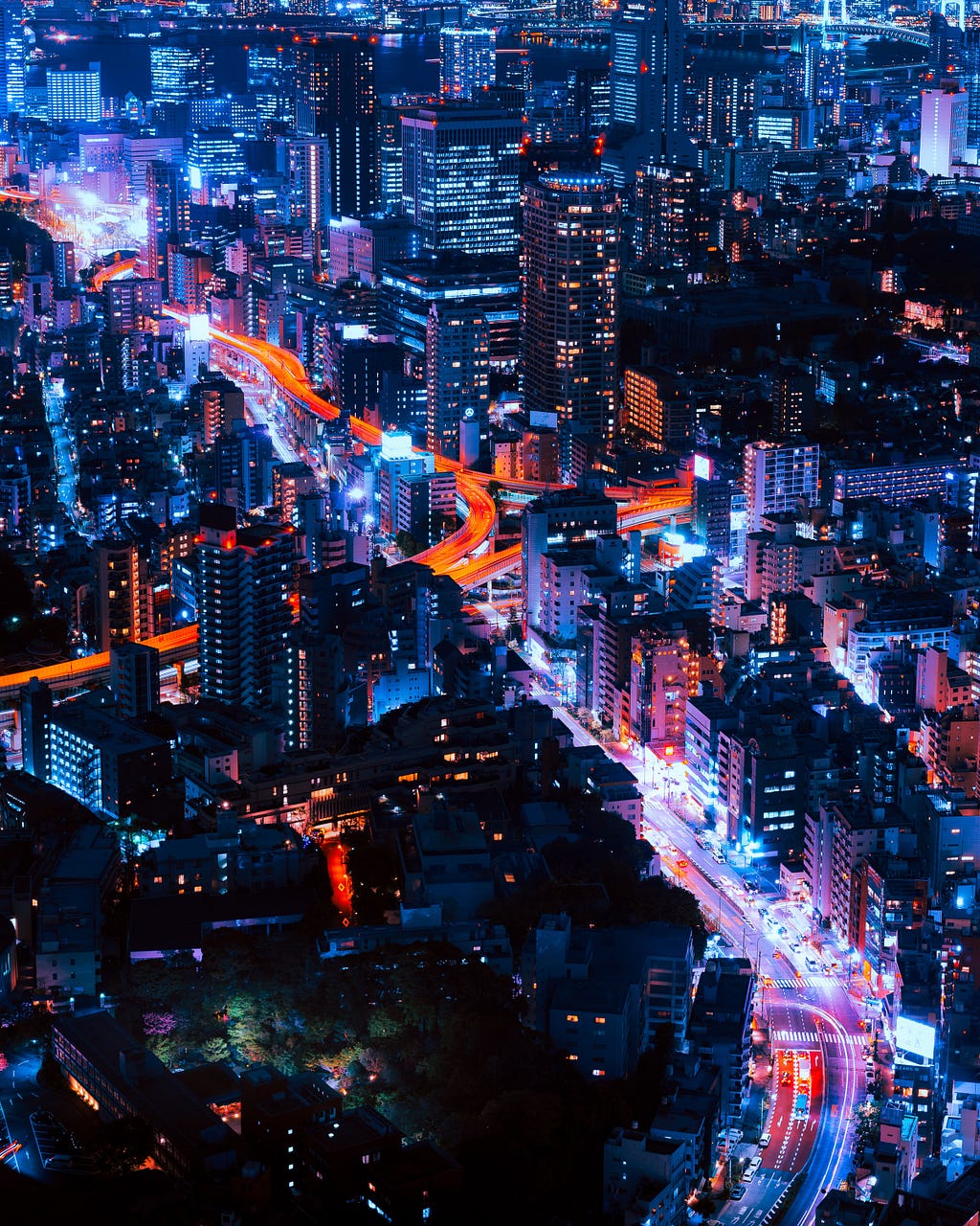 Night-time cityscape of high-rises as far as the eye can see. The buildings twinkle in iridescent blues and violets. Bright rivers of white and amber stream through long-exposed streets. Look at the collective power of society when we work together in harmony and mutual support.