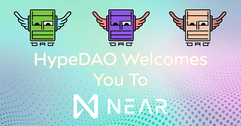 HypeDAO fairy logo with text HypeDAO Welcomes You To NEAR on pastel colored background