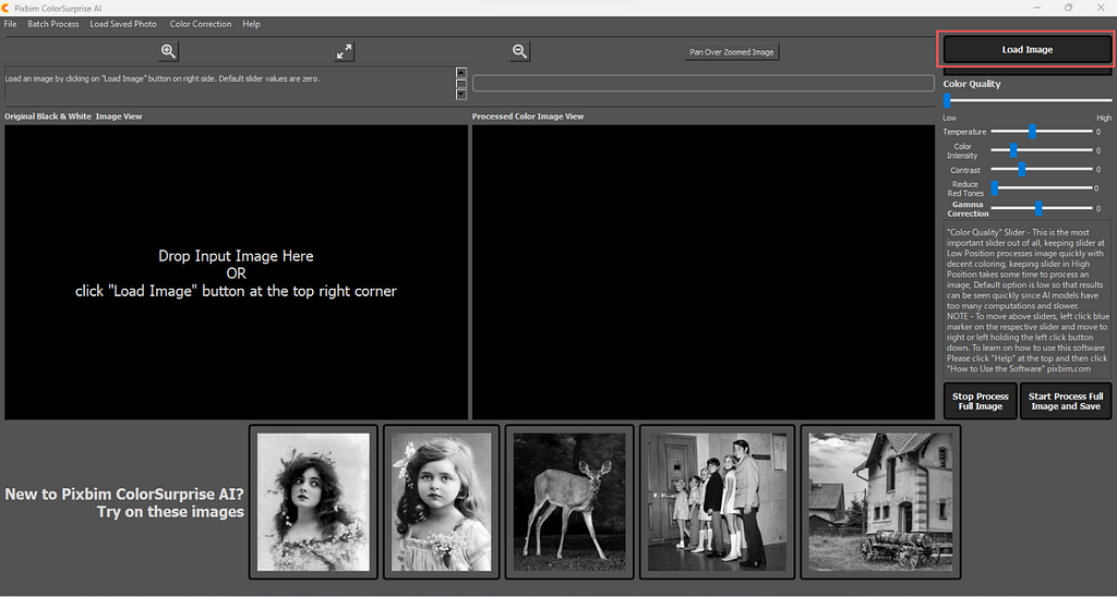 The screenshot highlights ‘Load Image’ button from which user can load black and white image in Pixbim Color Surprise AI.