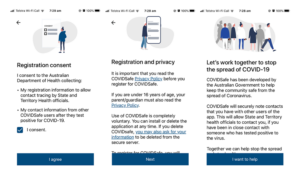 Covidsafe screenshots showing consent and policies