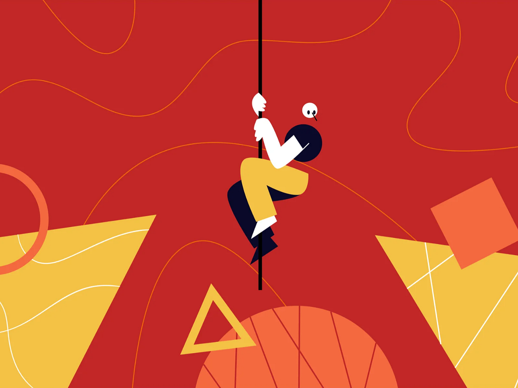 Illustration of human figure climbing down a rope coming from the top of the frame towards the bottom