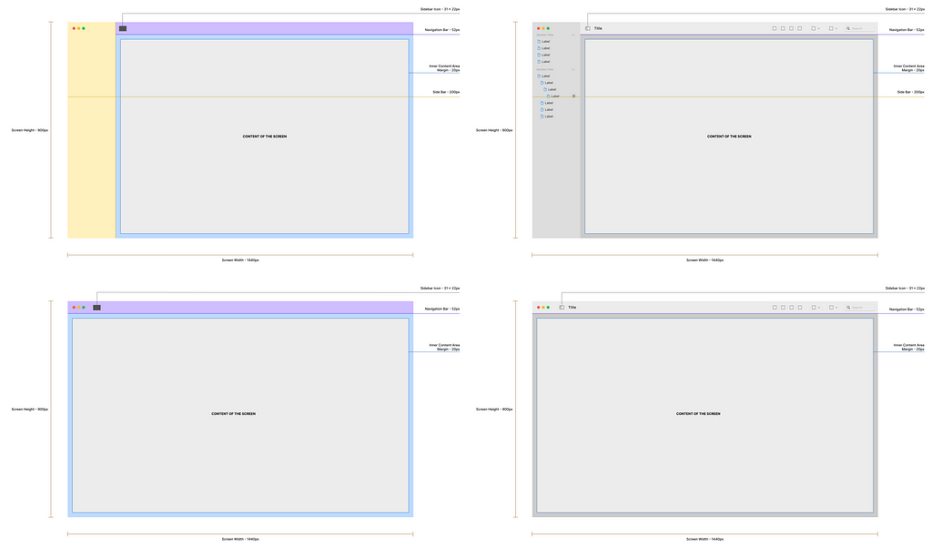 MacOS User Interface layout guidelines for a Mac with a sidebar; Top — Portrait Expanded Sidebar ; Bottom — Portrait Collapsed Sidebar