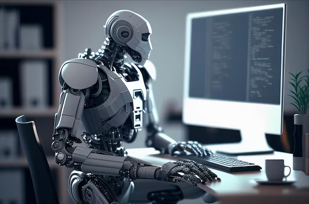 Image of a robot sitting by a computer