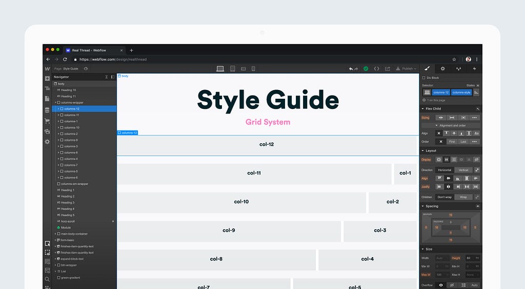 Style Guide page within the Webflow Designer showing the custom grid framework.