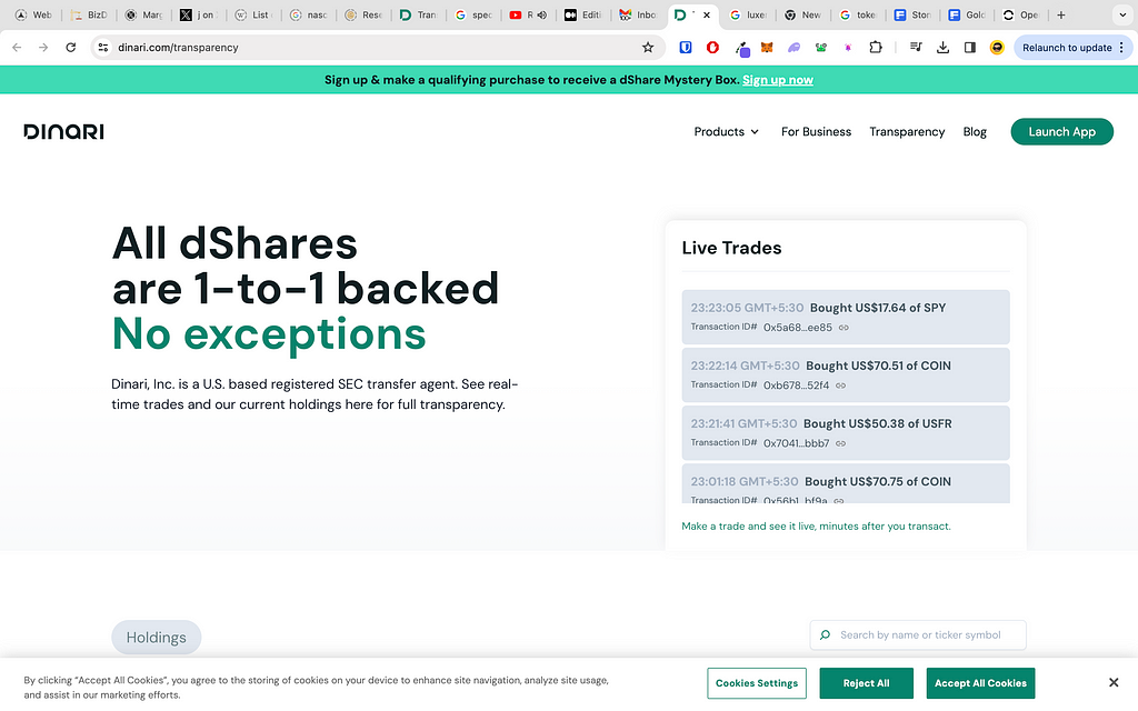 Dinari, a stock tokenization platform, claims to back all shares 1:1