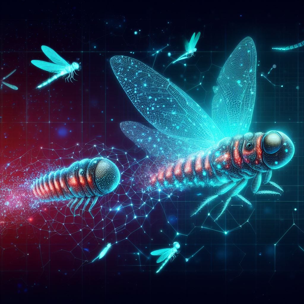 Digital metamorphosis process — from larva to dragonfly.