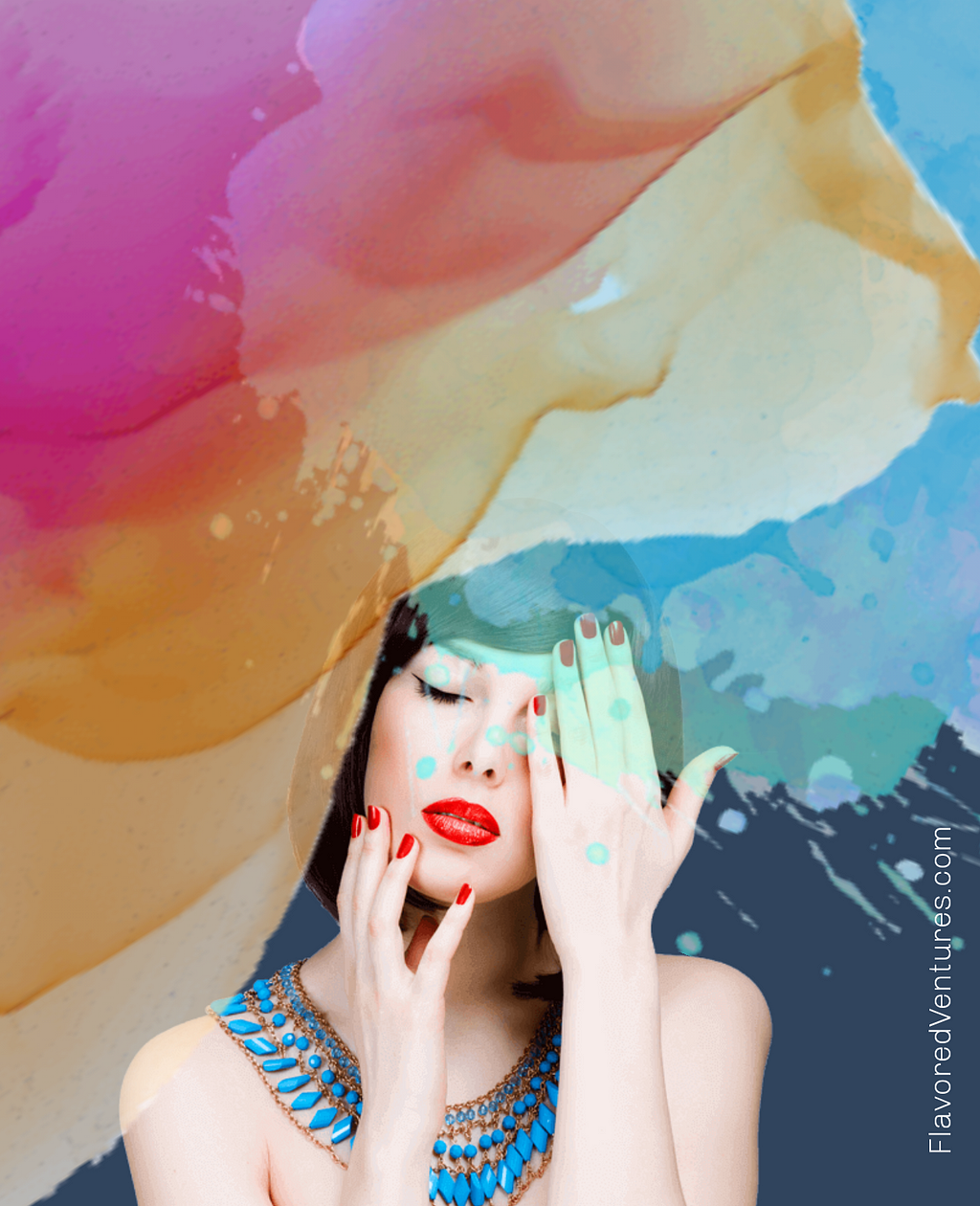 Woman with red lips and nails, struggling with choosing between an iceberg and fire. Photo created by FlavoredVentures.com.