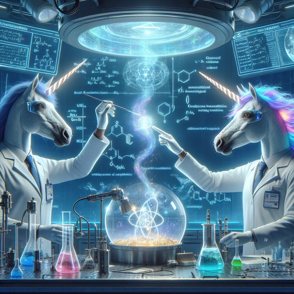 Mad unicorn scientists turning things into gold in a futuristic laboratory