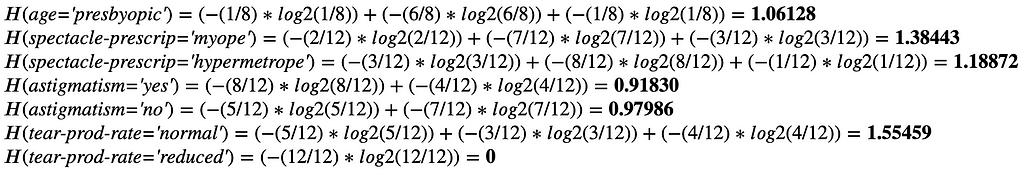 Equations to calculate all remaining entropy values for individual feature values.