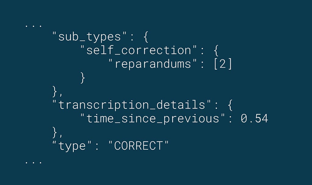 A JSON excerpt from the SoapBox voice engine showing the time_since_previous, self_correction, and reparandums data points.