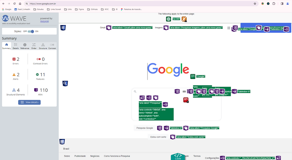 Exemplo de escaneamento de acessibilidade com WAVE.