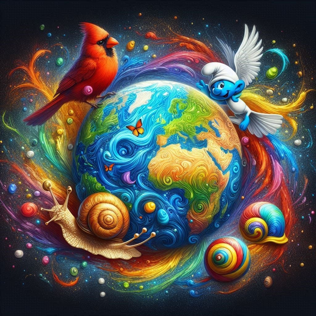 Planet earth encompassing a brightly colored smurf, brown and yellow snail, and cardinal amid color swirls