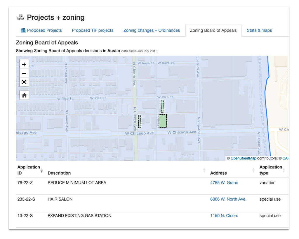 screenshot of ZBA decisions map