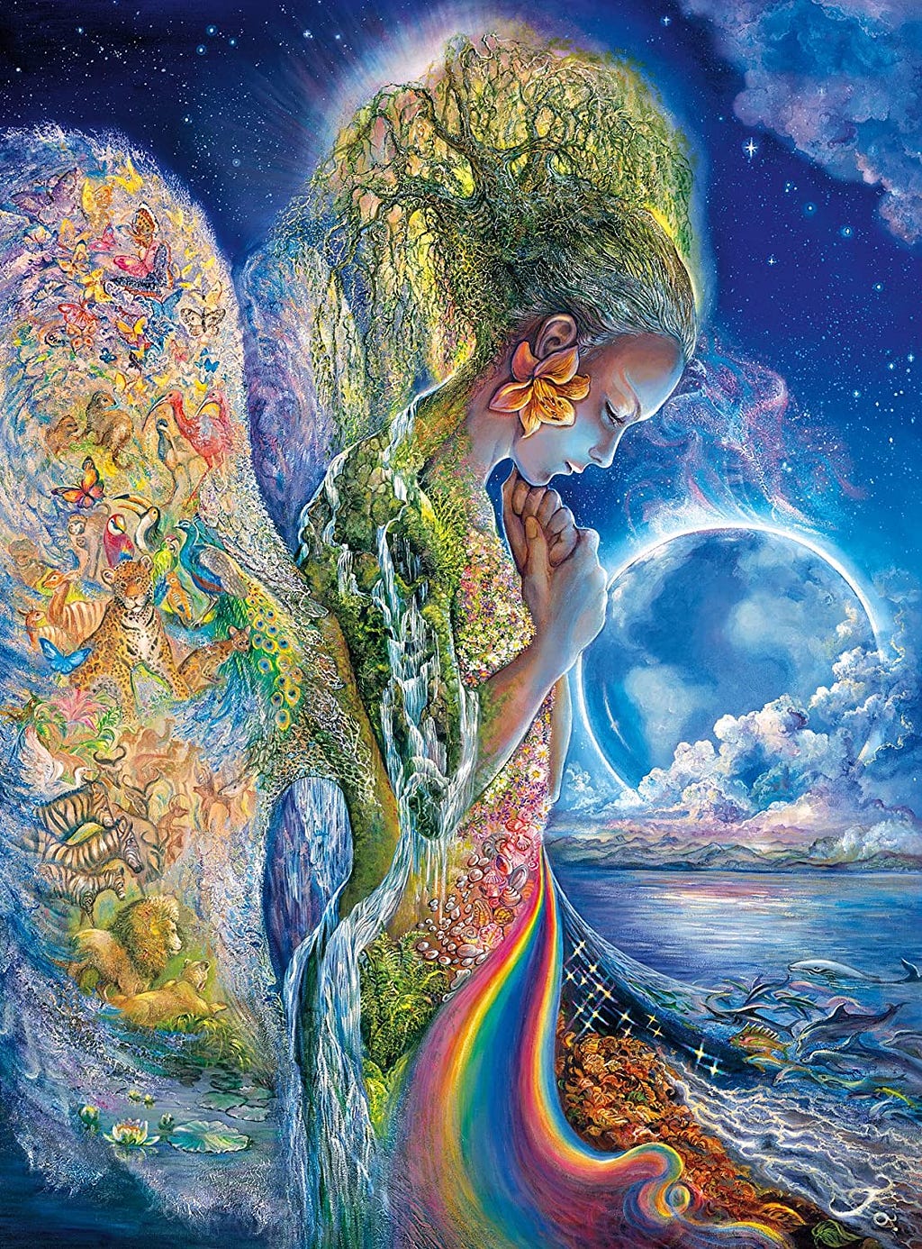 Artful image. Side view of a woman standing with her hands to her chest, head bowed and looking downwards. In front of her is blue water, a full moon with a few clouds, & a starry blue sky. Behind her, appear wings from her body, made up of tiny animals: zebra, tiger, butterfly, peacock, & more. Her body is made of flowers, trees, roots, and a waterfall. She has an orange flower behind her ear, and hair made of a tree of life. Her long skirt is made of flowers, seashells, a rainbow & stars.