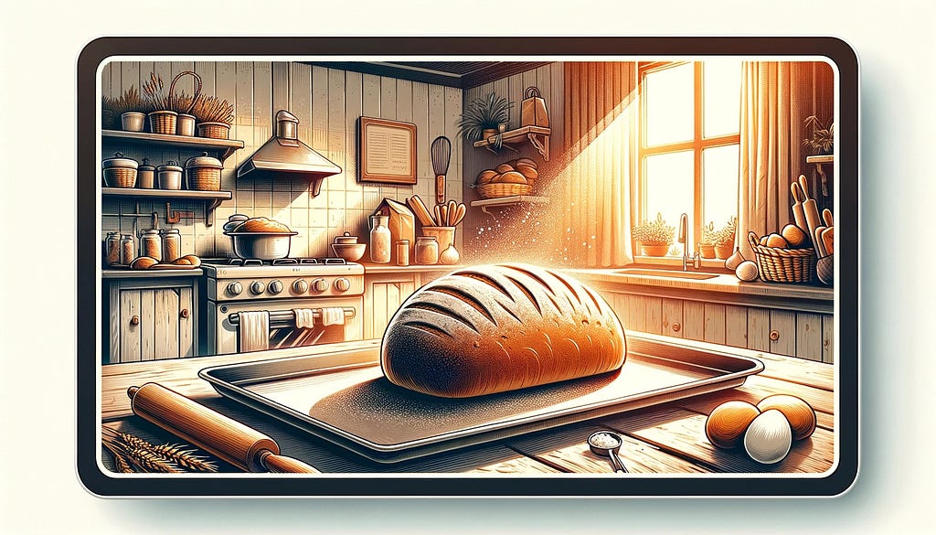 A cozy kitchen scene with a loaf of freshly baked bread on a baking tray without an oven sheet. The tray is lightly dusted with flour. Sunlight streams in through a window, illuminating a rustic kitchen filled with baking tools, ingredients, and a basket of bread.