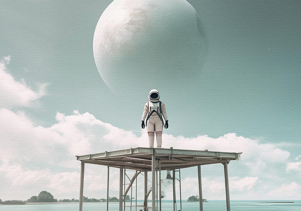 Mary  stands at the top of a diving platform dressed in a space suit. A large, full moon hangs in the sky.