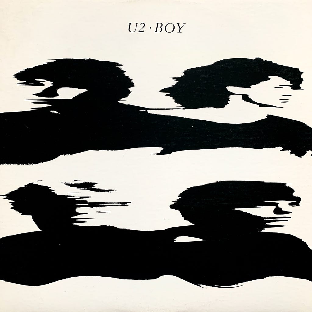 Album cover for U2 Boy with graphic illustrations of four faces in black and white.