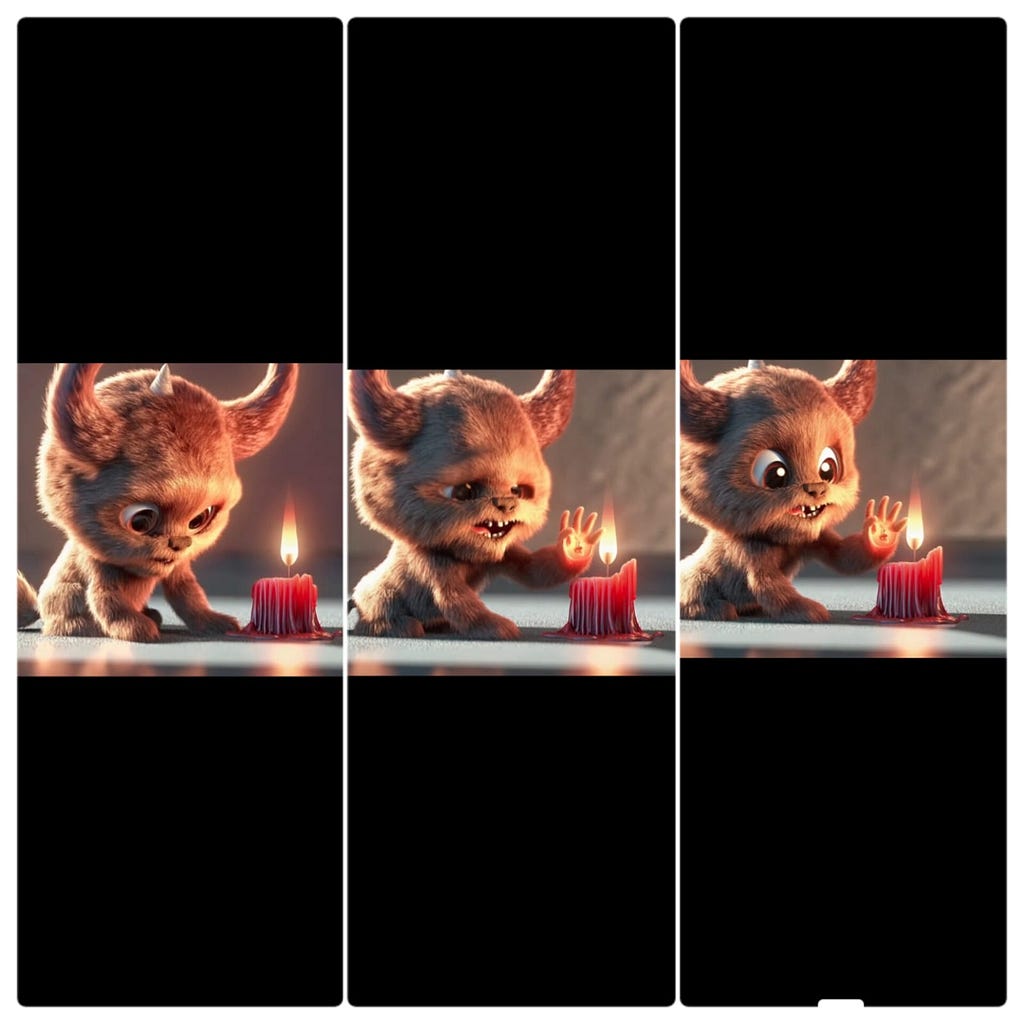 An animated scene featuring a close-up of a short, fluffy monster kneeling beside a melting red candle. The monster has wide eyes and an open mouth, expressing wonder and curiosity as it gazes at the flame. The artwork is 3D and realistic, evoking a sense of enchantment and fascination. This screenshot is from a Sora video, capturing a moment of mesmerizing exploration.