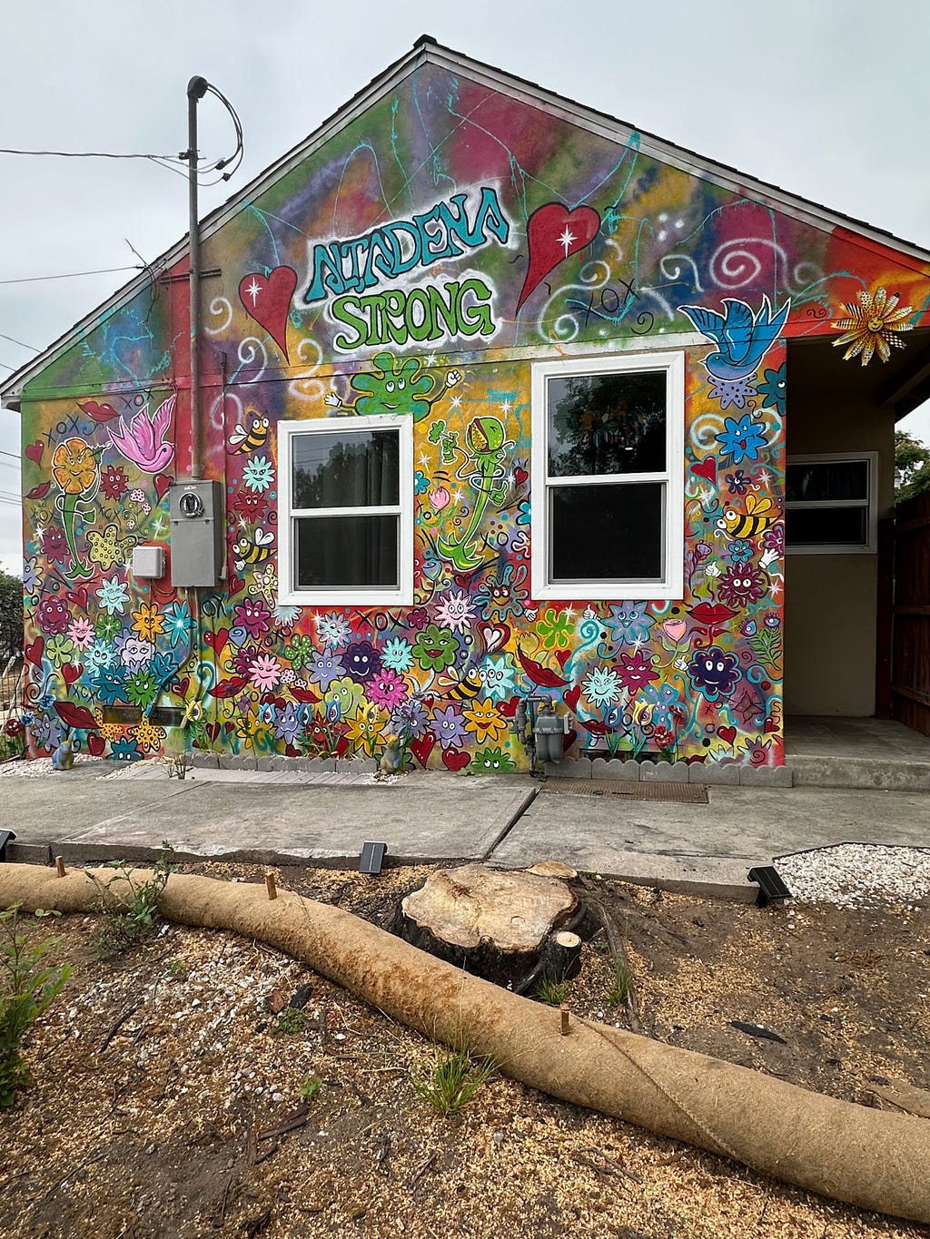 House covered by mural titled “Altadena Strong” with colorful flowers, happy face suns, and spirals covering it.