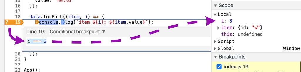 Conditional breakpoint based on iterator — this particular one stopping when i === 3