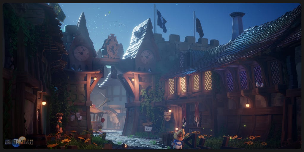 A cozy street in a stylized medieval town, with a small figure in the foreground wearing a large pointy hat. The towers on each side of an archway have clocks set into them, and there are flags flying from the wall the stretches from them.