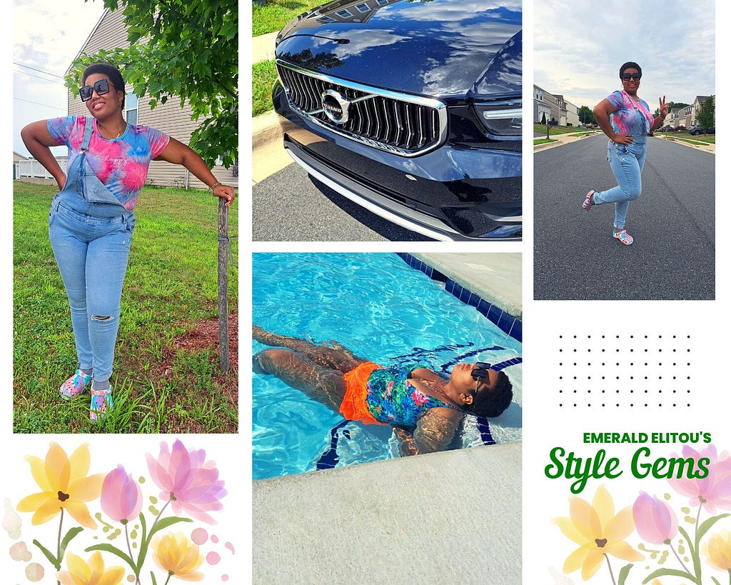 A photo collage of Emerald Elitou floating in pool and posing near Volvo XC40